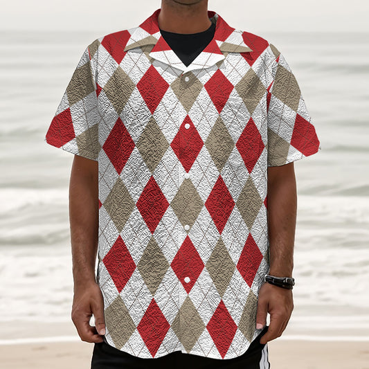 White Red And Beige Argyle Pattern Print Textured Short Sleeve Shirt