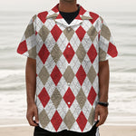 White Red And Beige Argyle Pattern Print Textured Short Sleeve Shirt