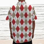 White Red And Beige Argyle Pattern Print Textured Short Sleeve Shirt