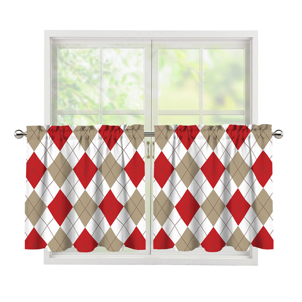 White Red And Beige Argyle Pattern Print Tier Curtains