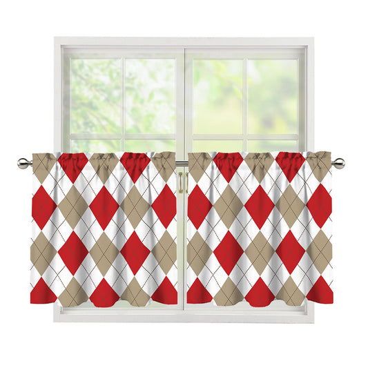 White Red And Beige Argyle Pattern Print Tier Curtains