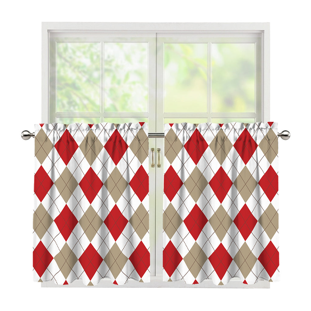White Red And Beige Argyle Pattern Print Tier Curtains