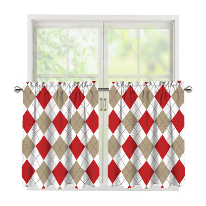 White Red And Beige Argyle Pattern Print Tier Curtains