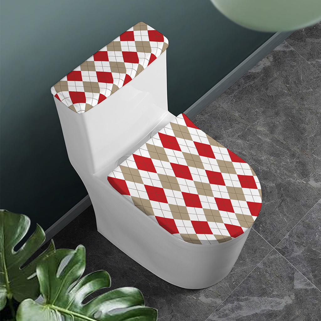 White Red And Beige Argyle Pattern Print Toilet Lid And Tank Cover Set