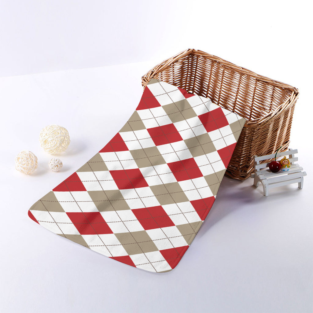White Red And Beige Argyle Pattern Print Towel