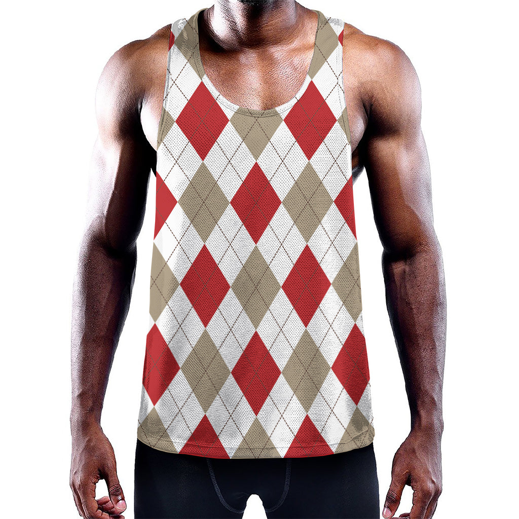 White Red And Beige Argyle Pattern Print Training Tank Top