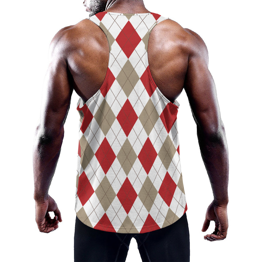 White Red And Beige Argyle Pattern Print Training Tank Top