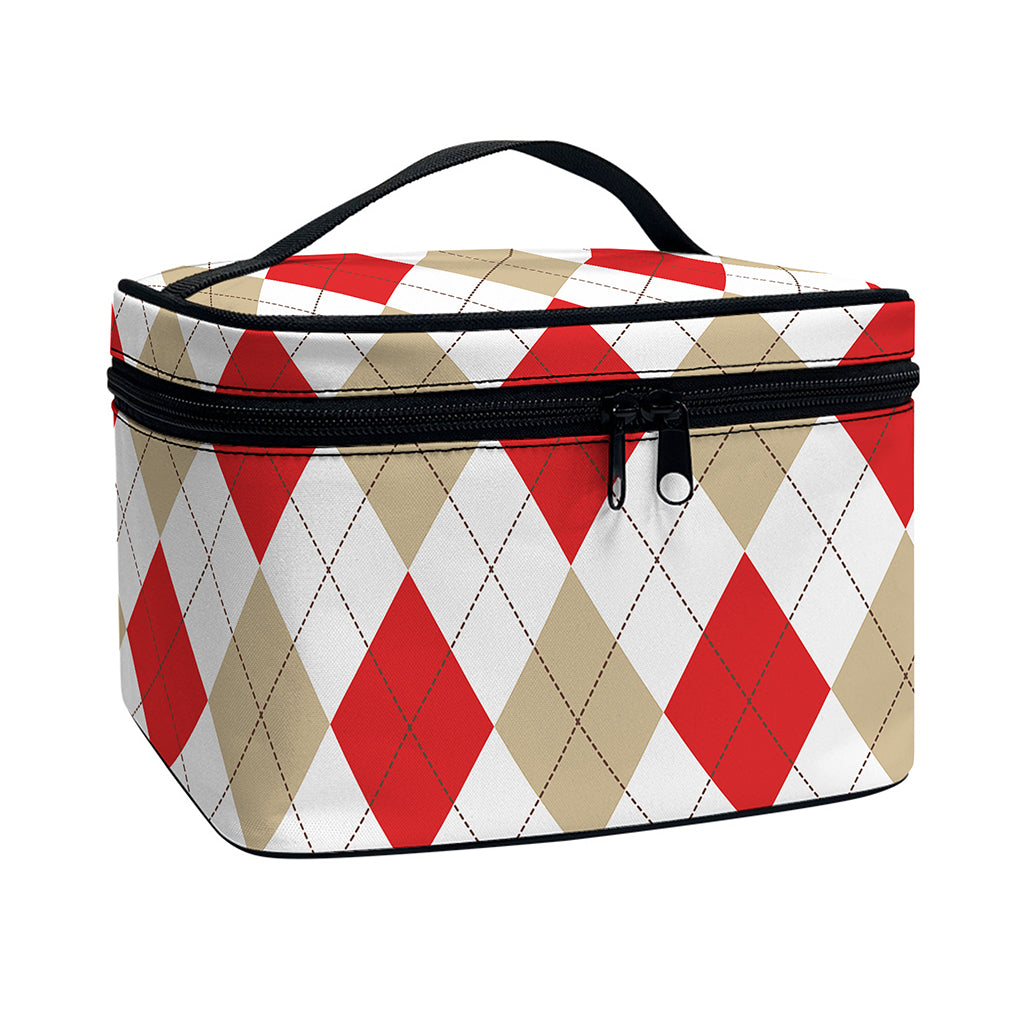 White Red And Beige Argyle Pattern Print Travel Makeup Bag