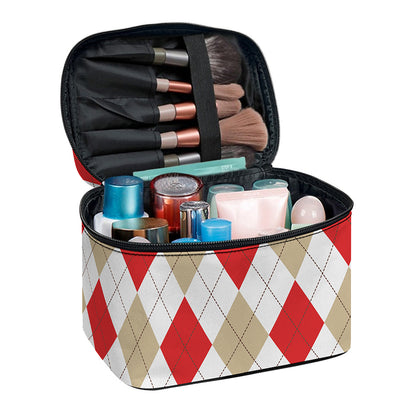 White Red And Beige Argyle Pattern Print Travel Makeup Bag