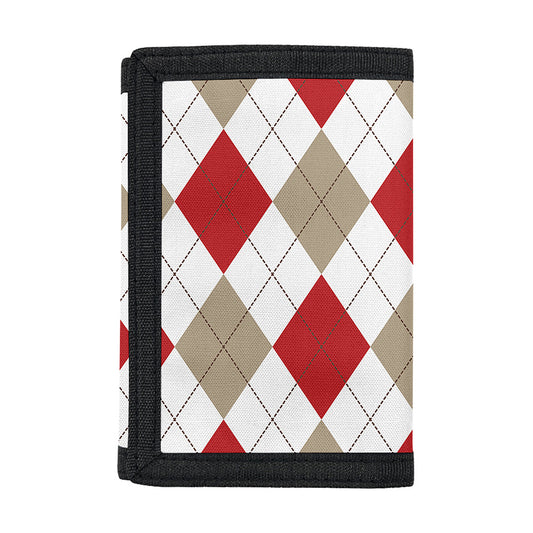 White Red And Beige Argyle Pattern Print Trifold Wallet