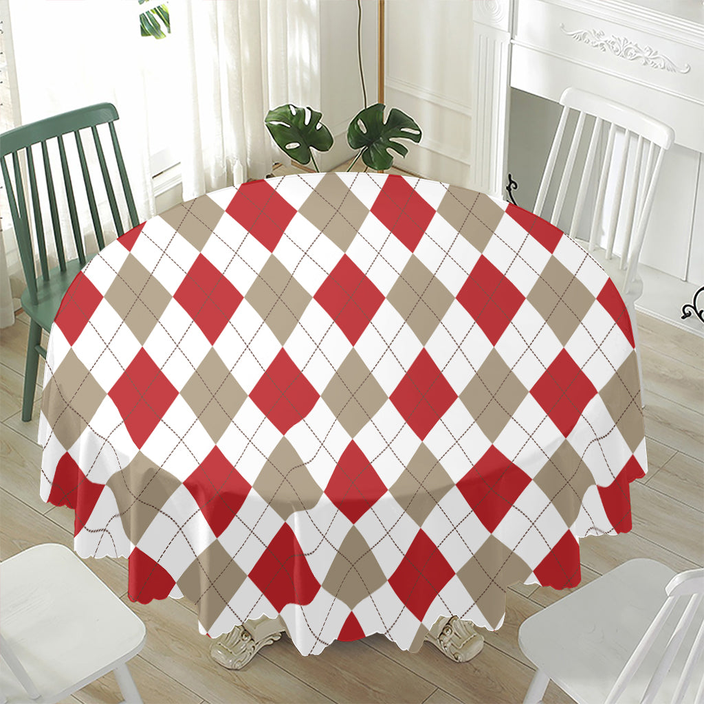 White Red And Beige Argyle Pattern Print Waterproof Round Tablecloth