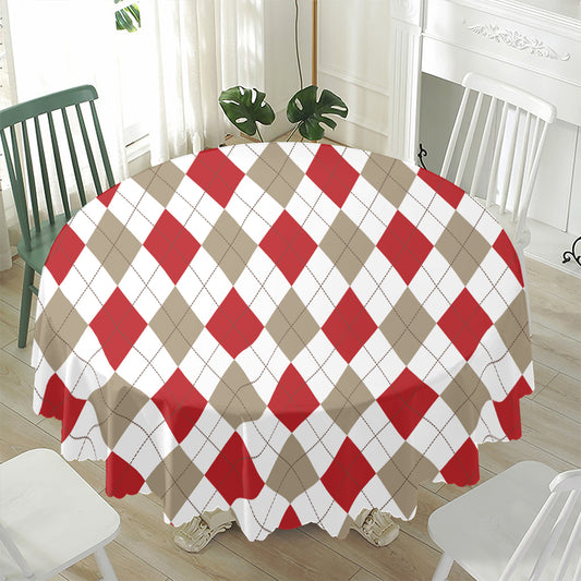White Red And Beige Argyle Pattern Print Waterproof Round Tablecloth
