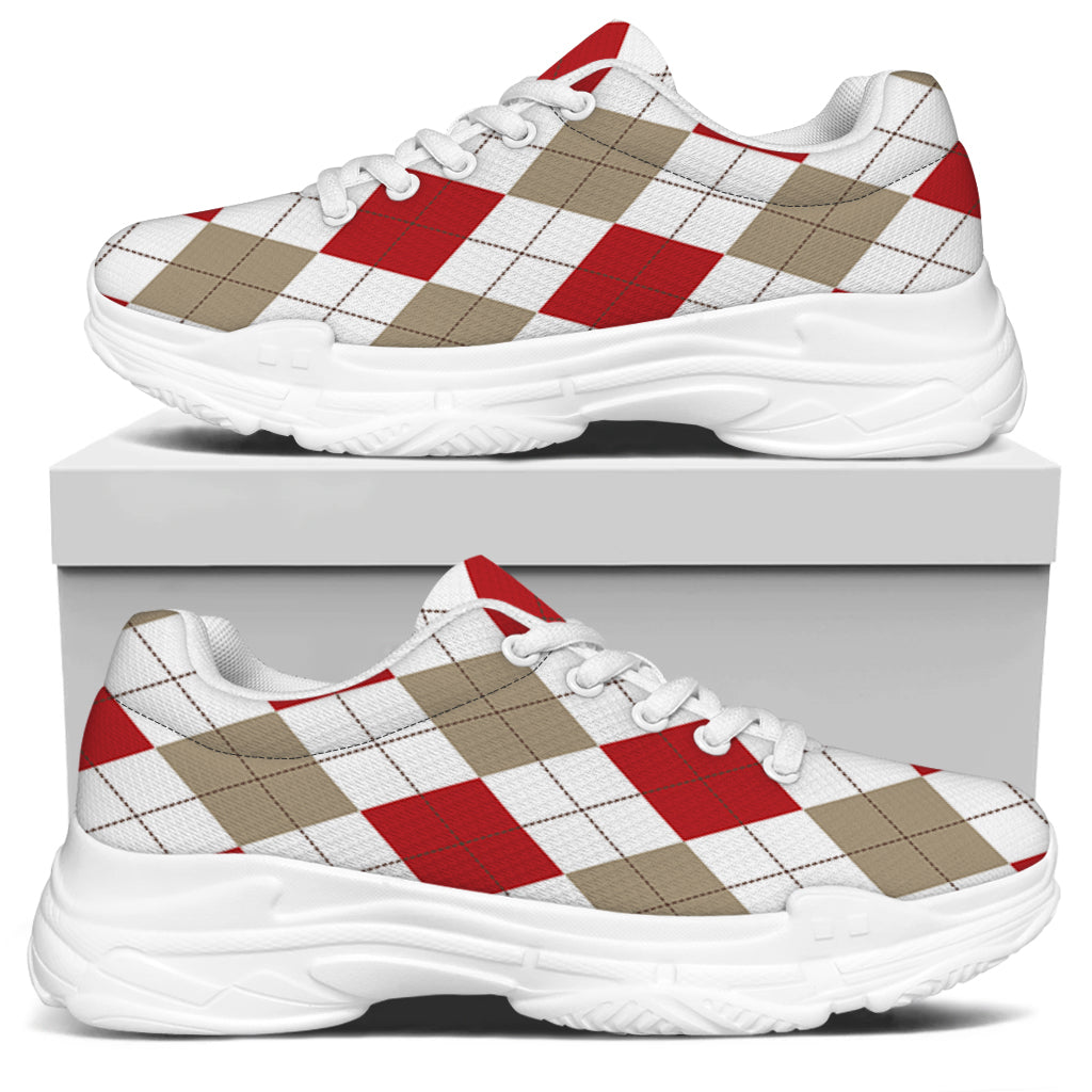White Red And Beige Argyle Pattern Print White Chunky Shoes