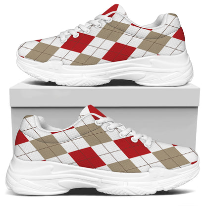 White Red And Beige Argyle Pattern Print White Chunky Shoes