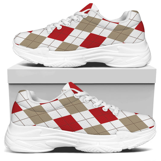 White Red And Beige Argyle Pattern Print White Chunky Shoes