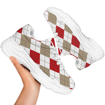 White Red And Beige Argyle Pattern Print White Chunky Shoes