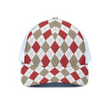 White Red And Beige Argyle Pattern Print White Mesh Trucker Hat