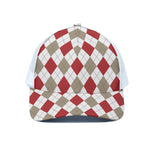 White Red And Beige Argyle Pattern Print White Mesh Trucker Cap