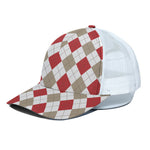 White Red And Beige Argyle Pattern Print White Mesh Trucker Cap