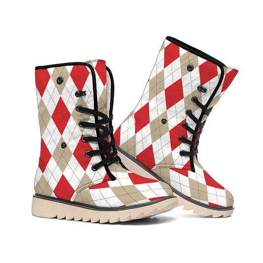 White Red And Beige Argyle Pattern Print Winter Boots