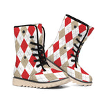 White Red And Beige Argyle Pattern Print Winter Boots