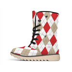 White Red And Beige Argyle Pattern Print Winter Boots