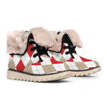 White Red And Beige Argyle Pattern Print Winter Boots
