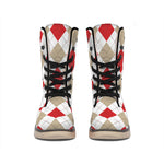 White Red And Beige Argyle Pattern Print Winter Boots
