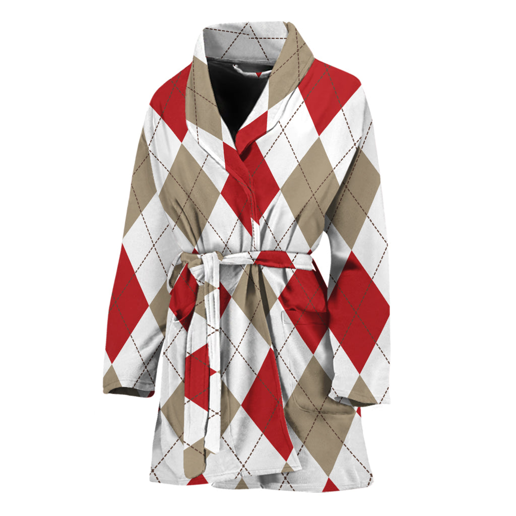 White Red And Beige Argyle Pattern Print Women's Bathrobe