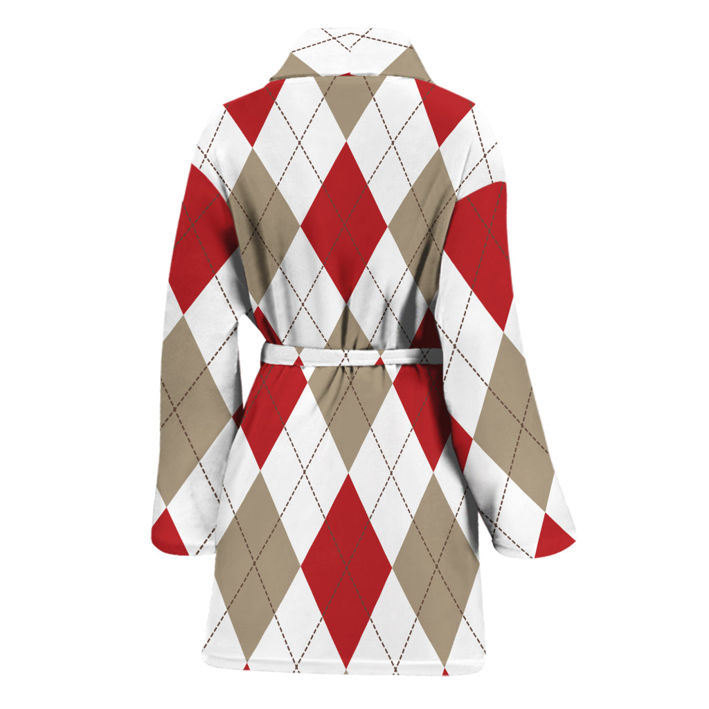 White Red And Beige Argyle Pattern Print Women's Bathrobe