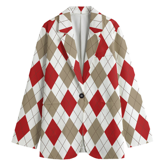 White Red And Beige Argyle Pattern Print Women's Blazer