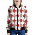 White Red And Beige Argyle Pattern Print Women's Bomber Jacket