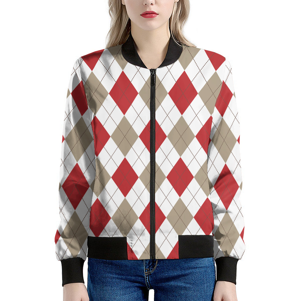 White Red And Beige Argyle Pattern Print Women's Bomber Jacket