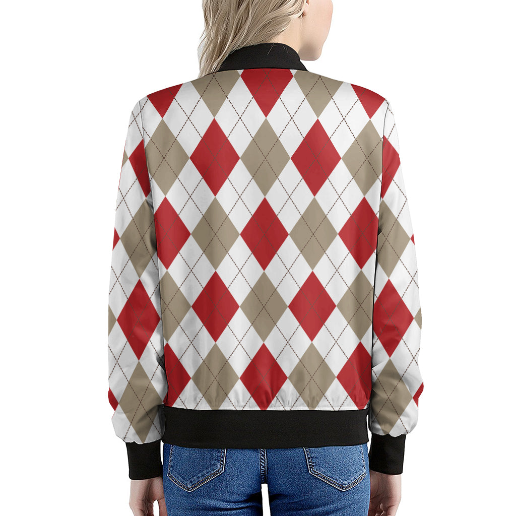 White Red And Beige Argyle Pattern Print Women's Bomber Jacket