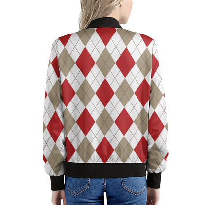 White Red And Beige Argyle Pattern Print Women's Bomber Jacket