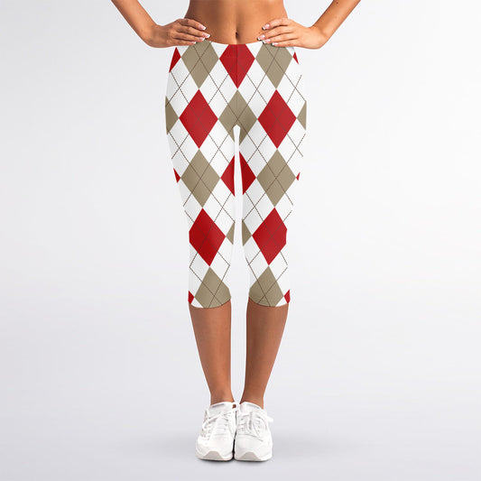 White Red And Beige Argyle Pattern Print Women's Capri Leggings