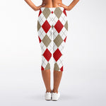 White Red And Beige Argyle Pattern Print Women's Capri Leggings