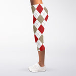 White Red And Beige Argyle Pattern Print Women's Capri Leggings