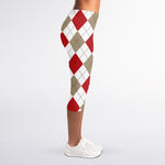 White Red And Beige Argyle Pattern Print Women's Capri Leggings