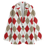 White Red And Beige Argyle Pattern Print Women's Cotton Blazer