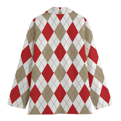 White Red And Beige Argyle Pattern Print Women's Cotton Blazer