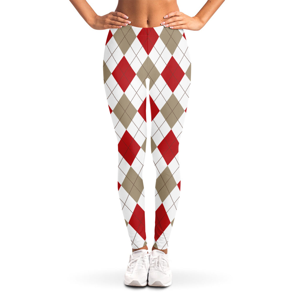 White Red And Beige Argyle Pattern Print Women's Leggings