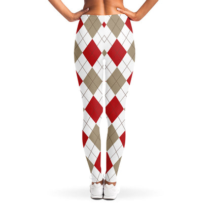 White Red And Beige Argyle Pattern Print Women's Leggings