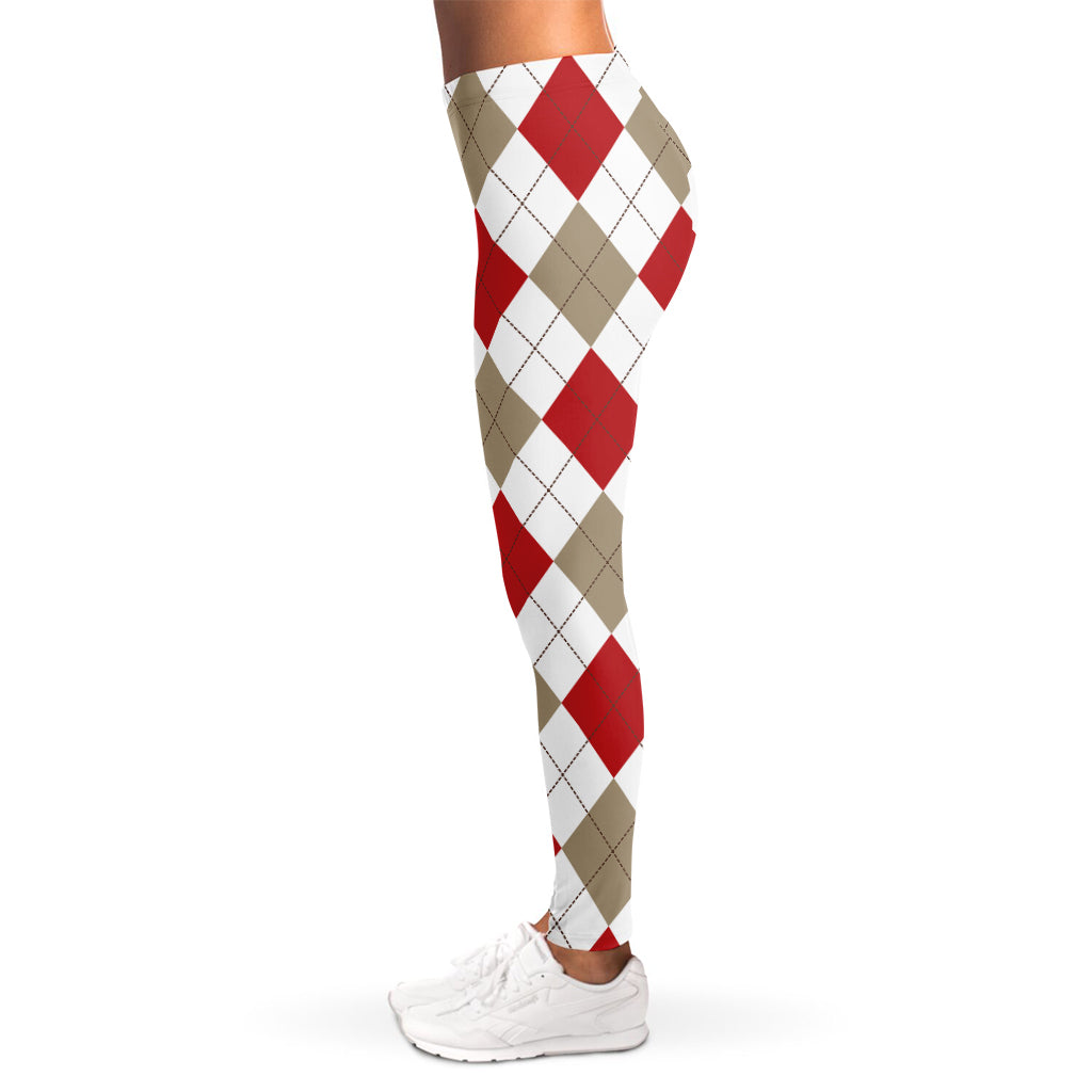 White Red And Beige Argyle Pattern Print Women's Leggings