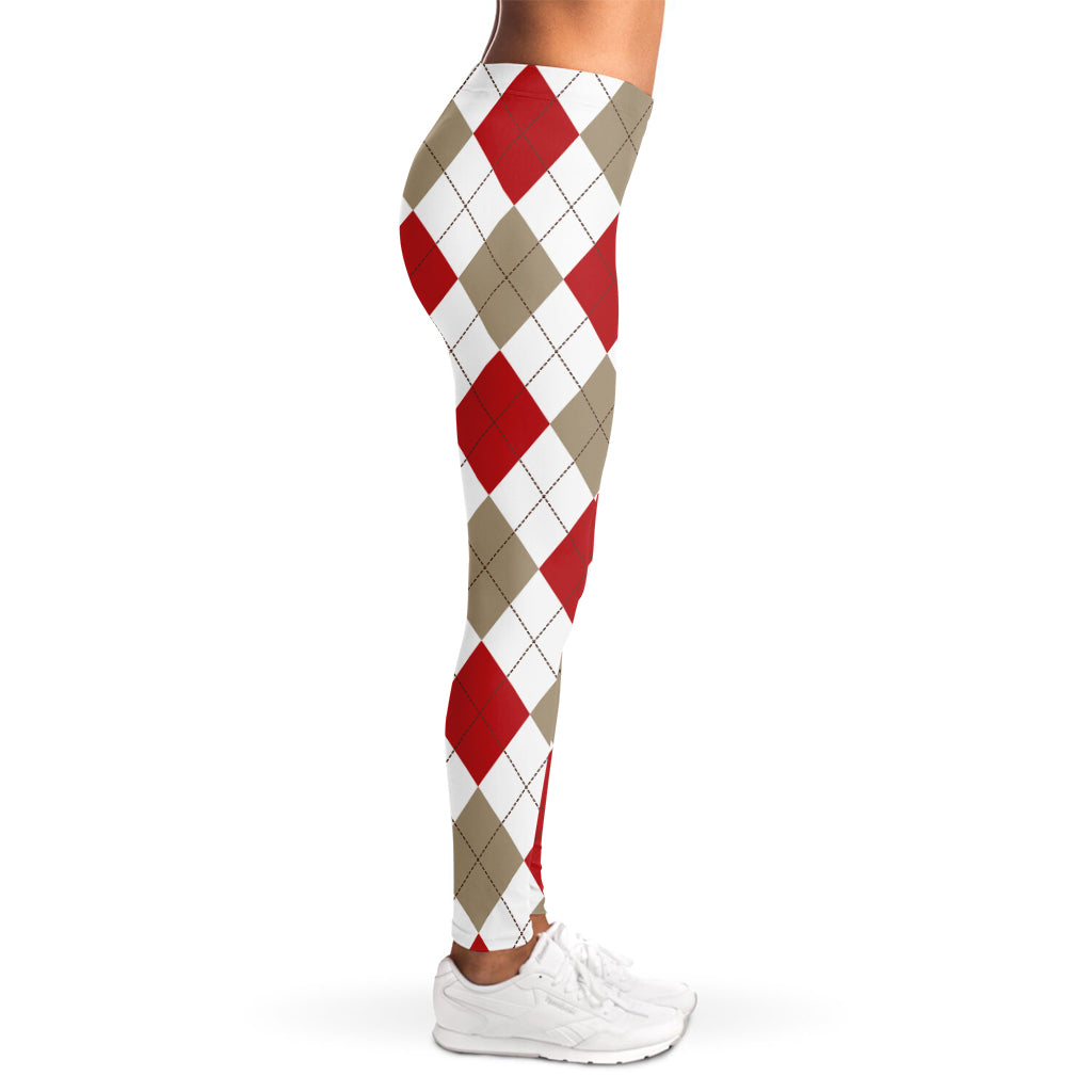 White Red And Beige Argyle Pattern Print Women's Leggings