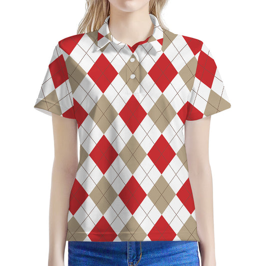 White Red And Beige Argyle Pattern Print Women's Polo Shirt