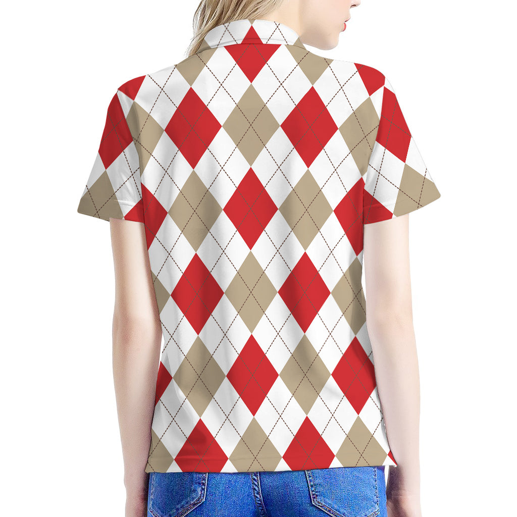 White Red And Beige Argyle Pattern Print Women's Polo Shirt