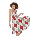 White Red And Beige Argyle Pattern Print Women's Sleeveless Dress