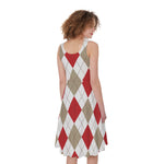White Red And Beige Argyle Pattern Print Women's Sleeveless Dress