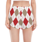 White Red And Beige Argyle Pattern Print Women's Split Running Shorts